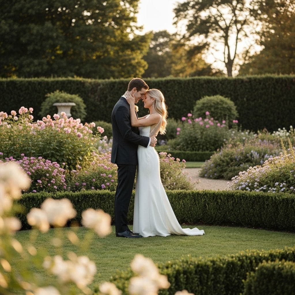 Romantic couple in garden at golden hour